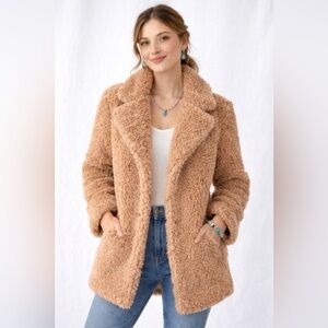 NEW En Creme' Camel Brown Cozy Teddy Coat Sz M Lined Pockets Boutique Relaxed